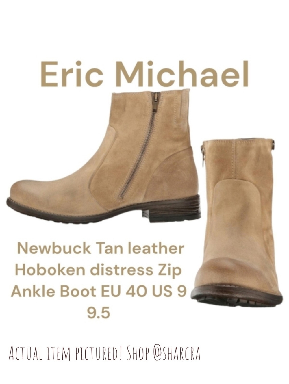 Eric Michael Women's Hoboken boots Newbuck aged leather neutral tan zip Shoes 40